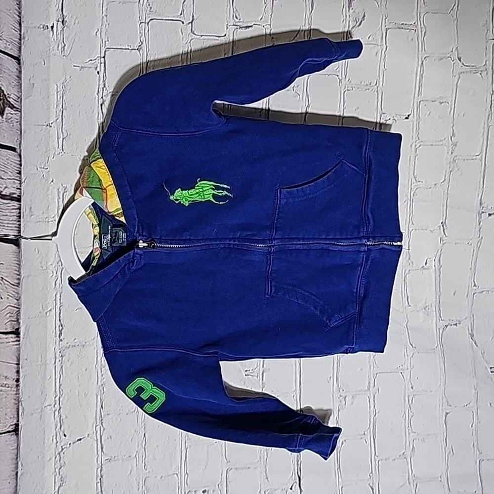 Polo Ralph Lauren logo hoodie sz 5 blue plaid rugby number K42